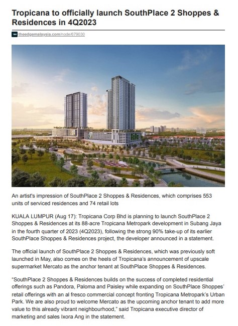 2023-08-17 The Edge Online - Tropicana to officially launch SouthPlace 2 Shoppes & Residences in 4Q2023