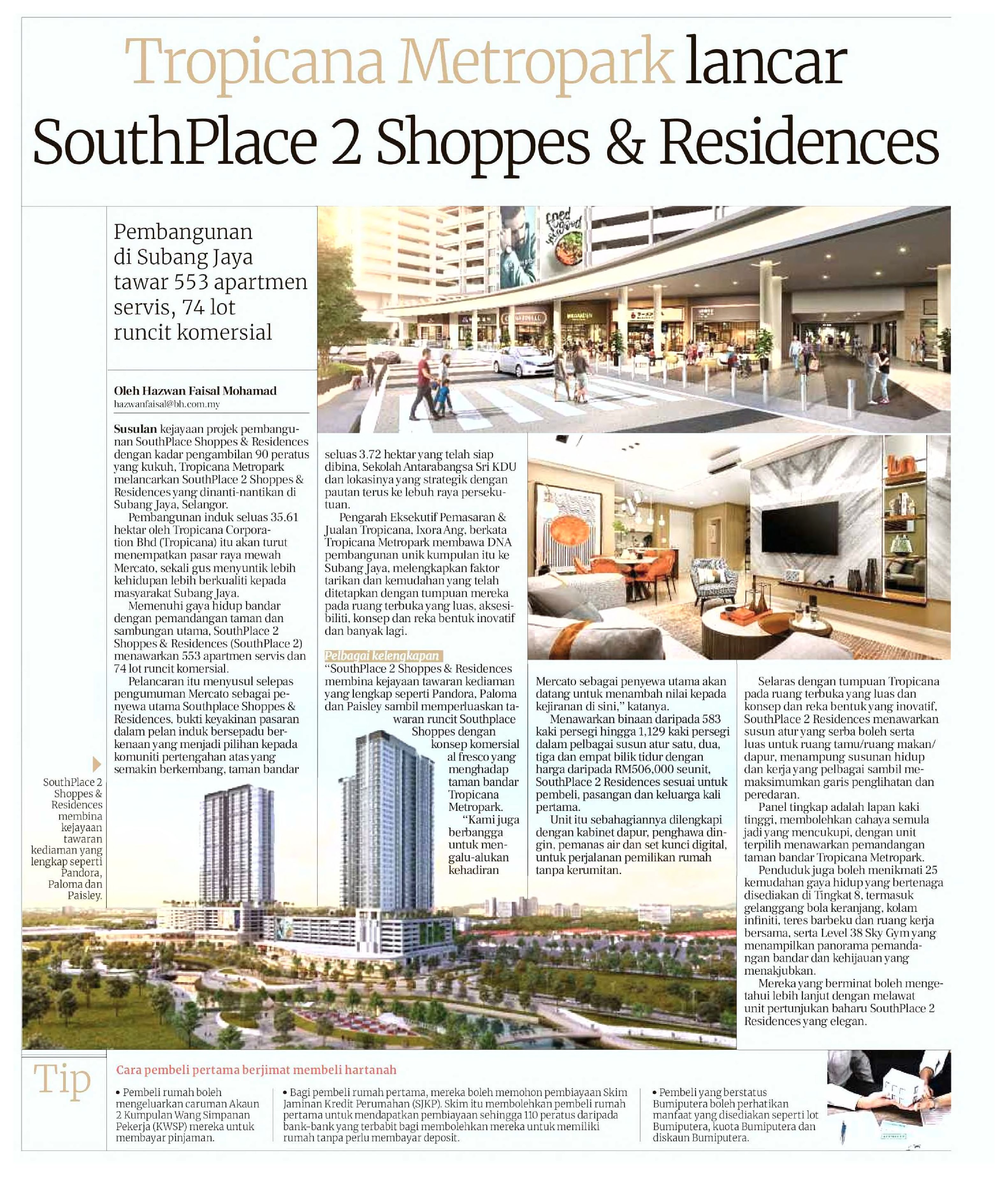 2023-09-09 Berita Harian - Tropicana Metropark lancar SouthPlace 2 Shoppes & Residences