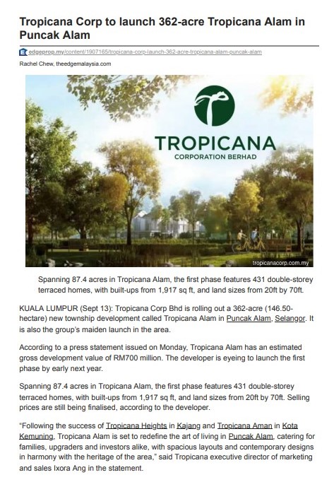 2023-09-13 Edge Prop Online - Tropicana Corp to launch 362-acre Tropicana Alam in Puncak Alam