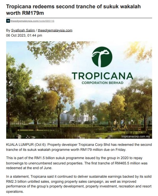 2023-10-06 The Edge Online - Tropicana redeems second tranche of sukuk wakalah worth RM179m