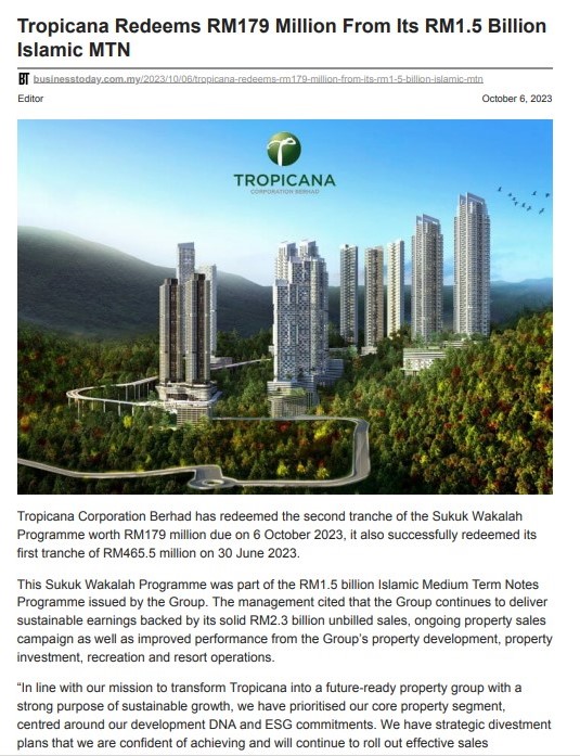 2023-10-06 Business Today Online - Tropicana Redeems RM179 Million From Its RM1.5 Billion Islamic MTN