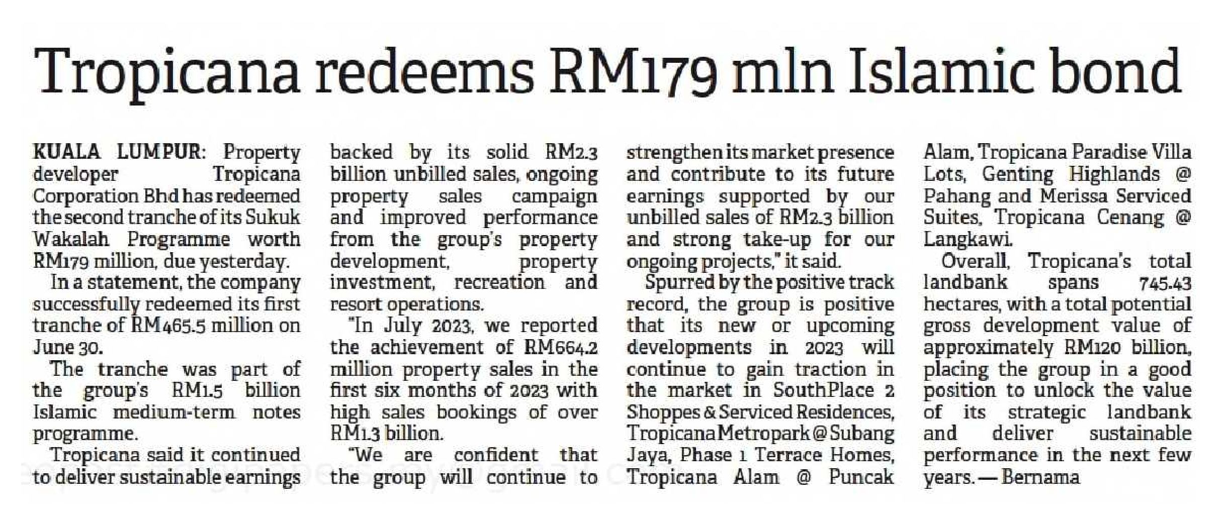 2023-10-07 The Borneo Post Sarawak - Tropicana redeems RM179 mln Islamic bond