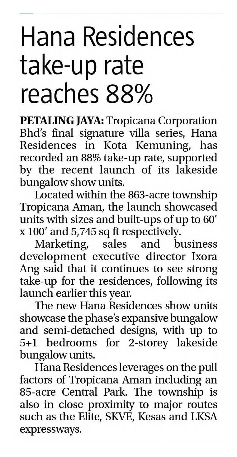 2023-10-12 The Sun - Hana Residences take-up rate reaches 88%