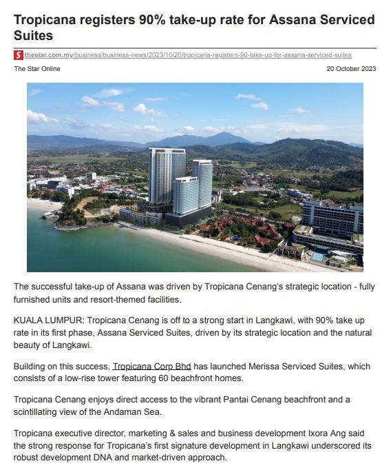 2023-10-20 The Star Online - Tropicana registers 90% take-up rate for Assana Serviced Suites