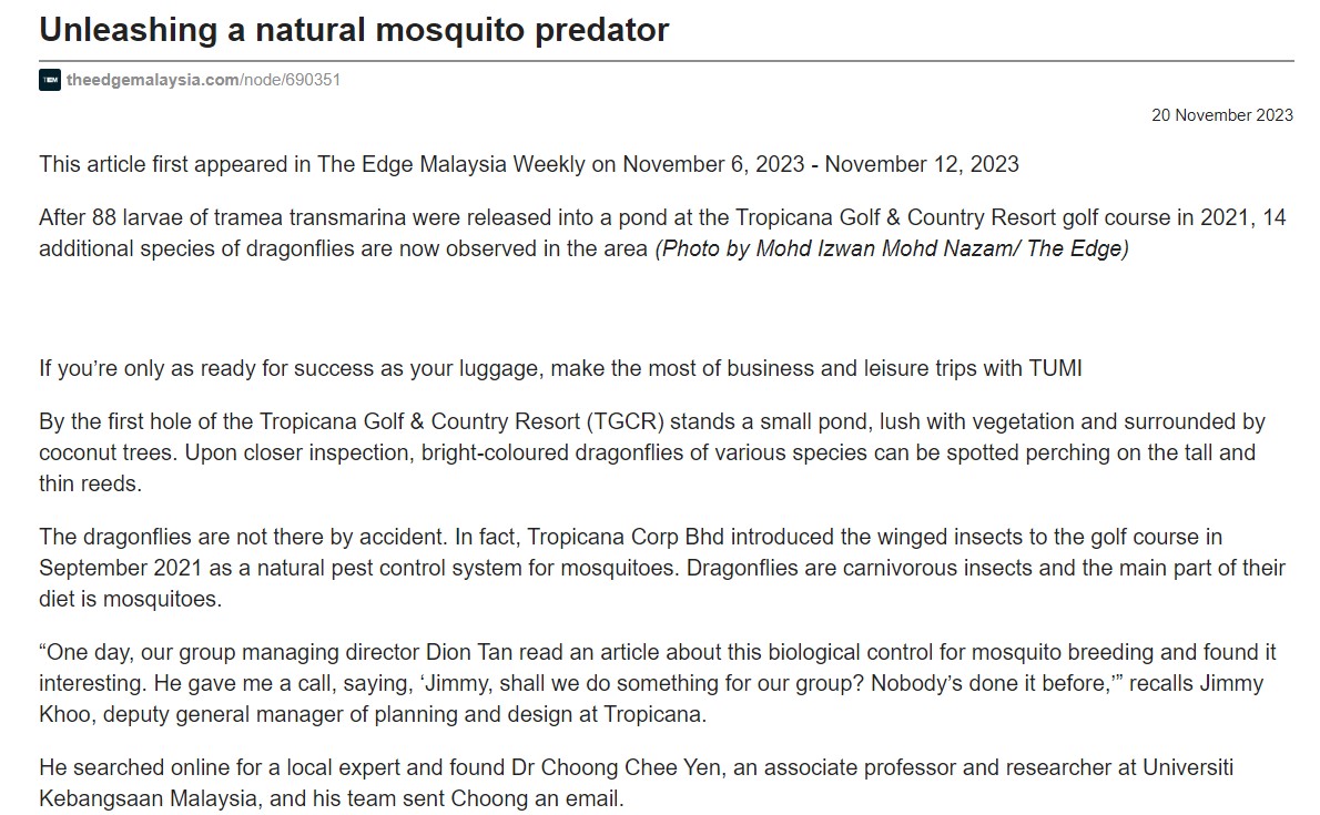 2023-11-19 The Edge Online - Property: Unleashing a natural mosquito predator