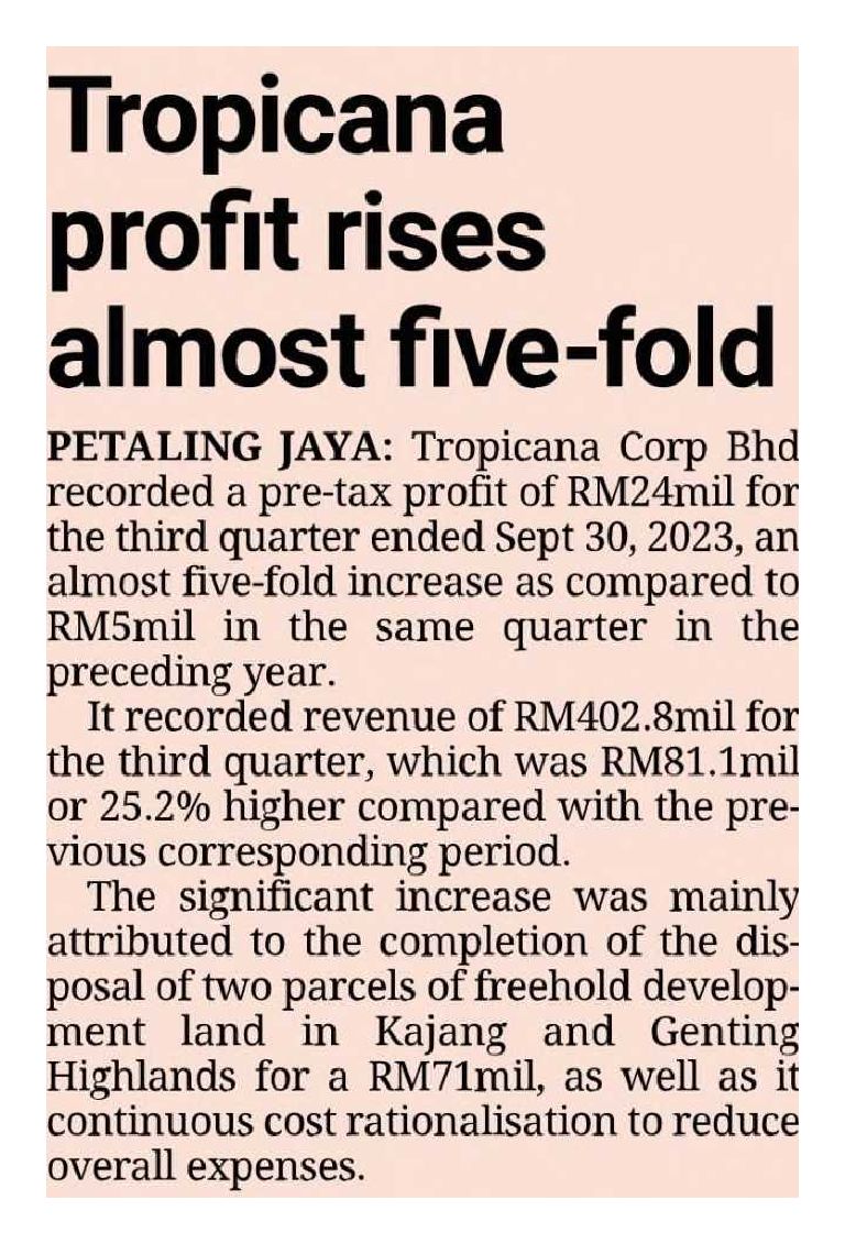 2023-11-29 Tropicana profit rises almost five-fold