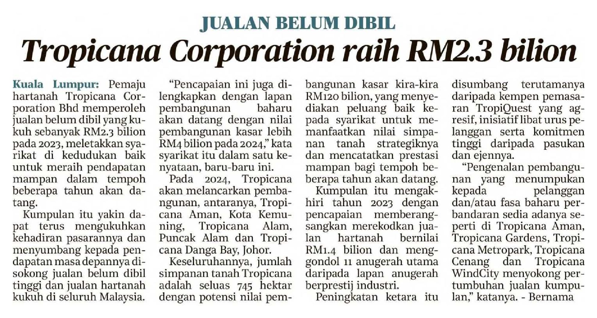 2024-01-06 Harian Metro - Tropicana Corporation raih RM2.3 bilion