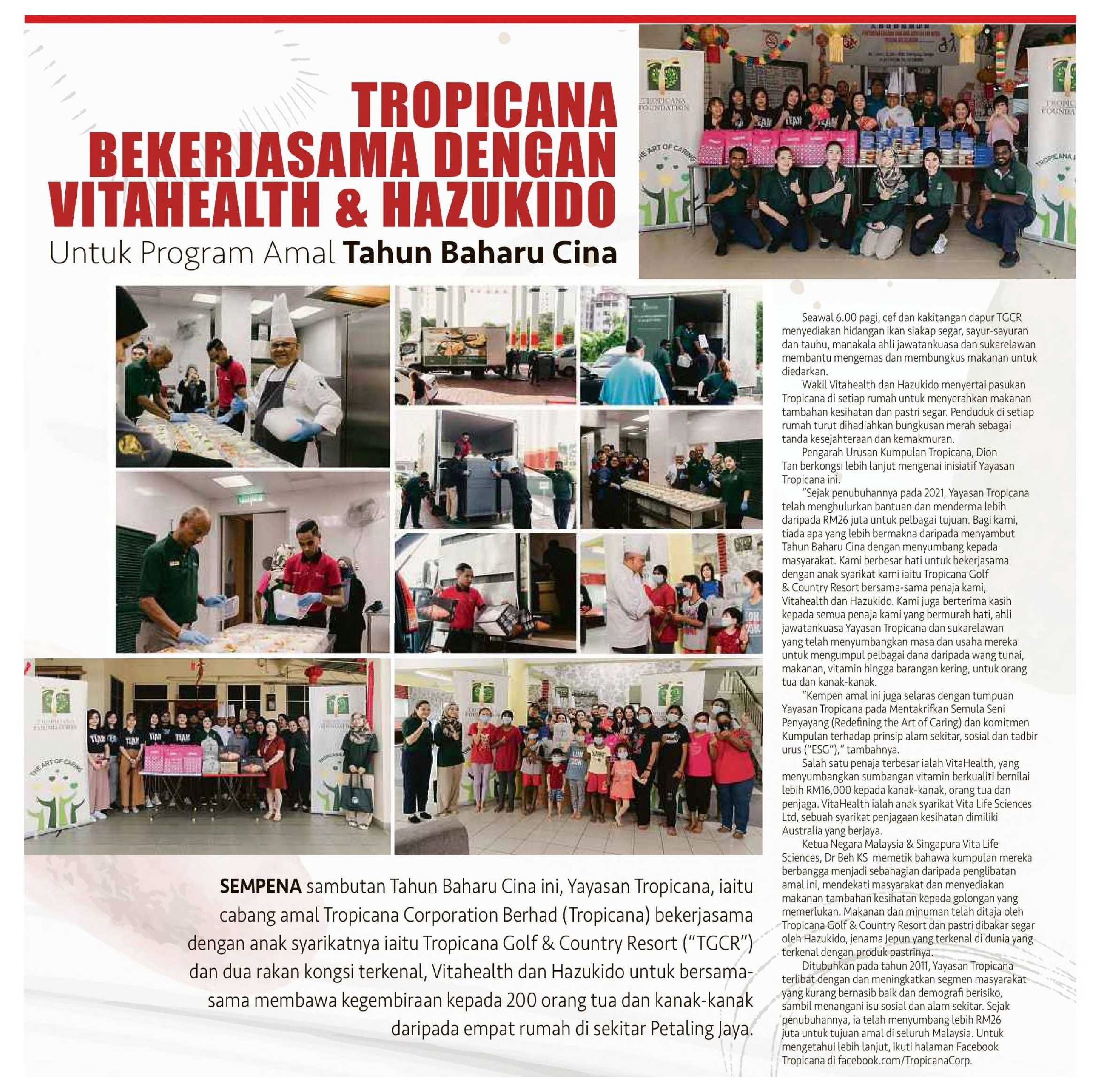 2024-02-20 Berita Harian - TROPICANA BEKERJASAMA DENGAN VITAHEALTH & HAZUKIDO Untuk Program Amal Tahun Baharu Cina