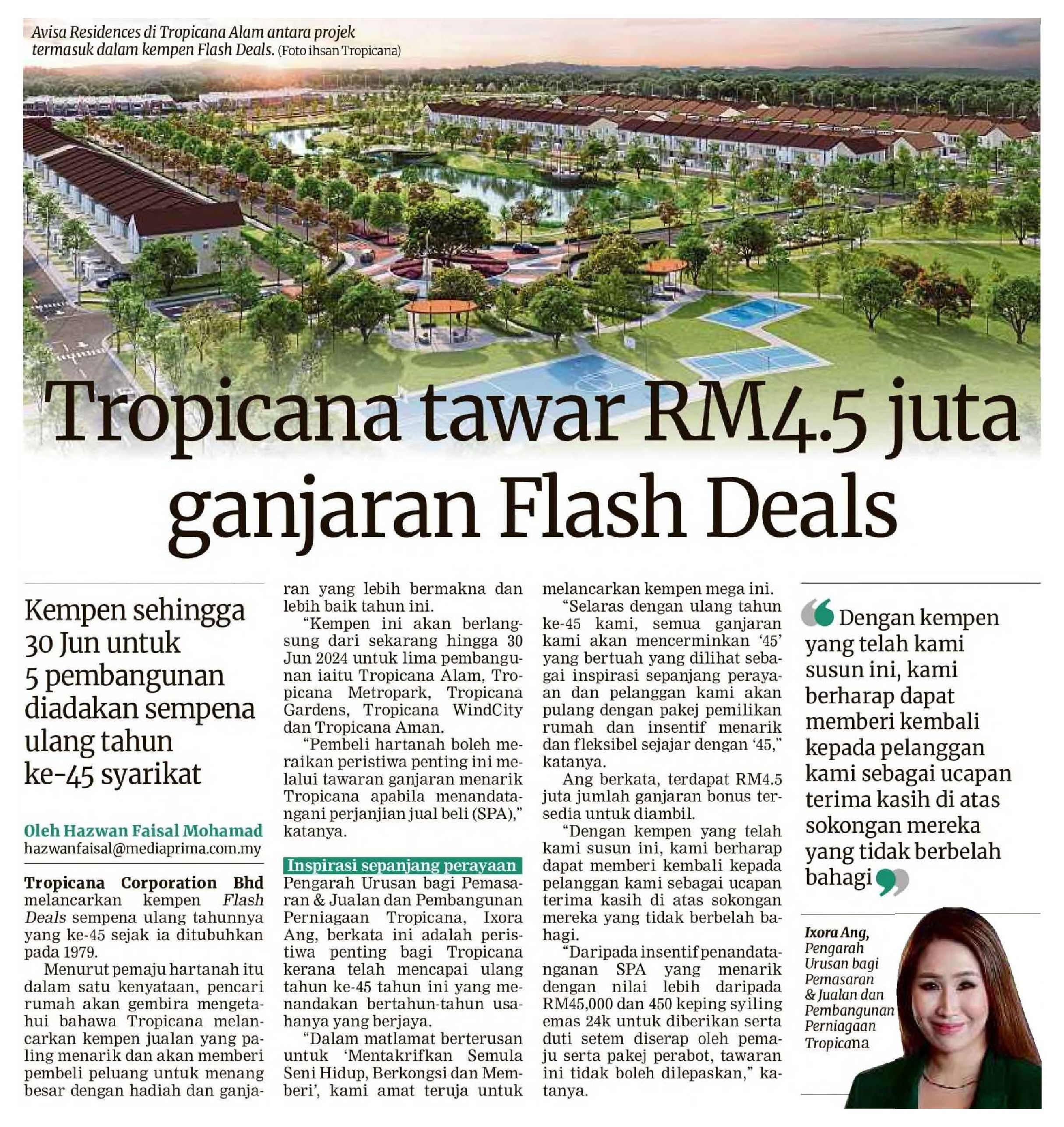 2024-04-08 Berita Harian - Tropicana tawar RM4.5 juta ganjaran Flash Deals