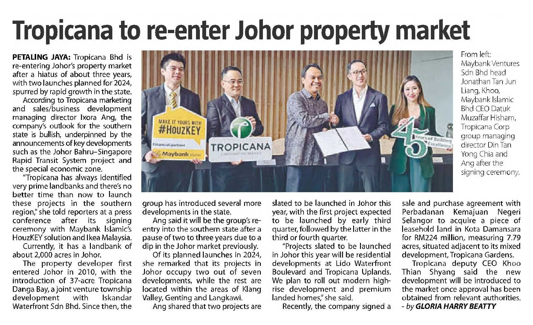 2024-04-24 The Sun - Tropicana to re-enter Johor property market