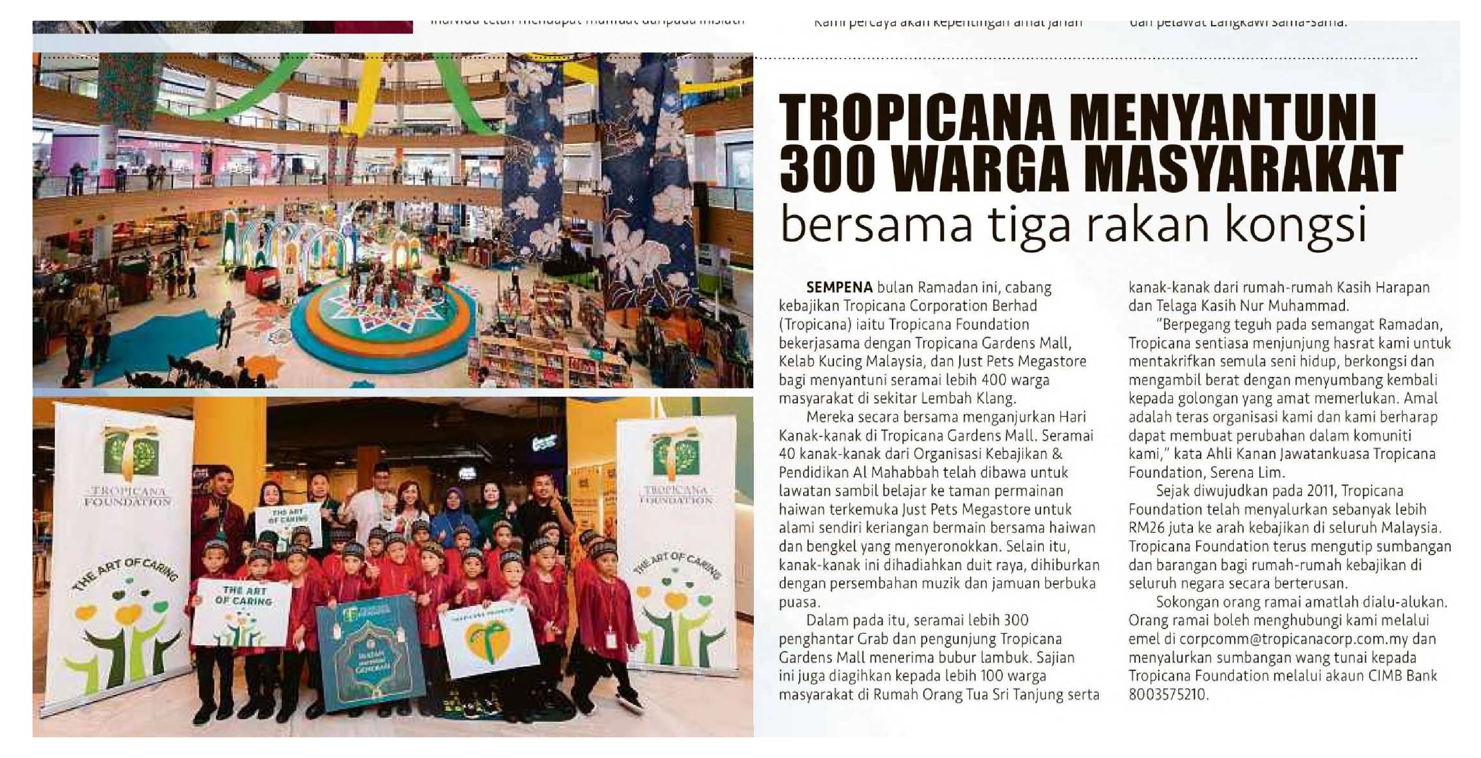 2024-04-24 Berita Harian - Harian Metro - TROPICANA MENYANTUNI 300 WARGA MASYARAKAT bersama tiga rakan kongsi