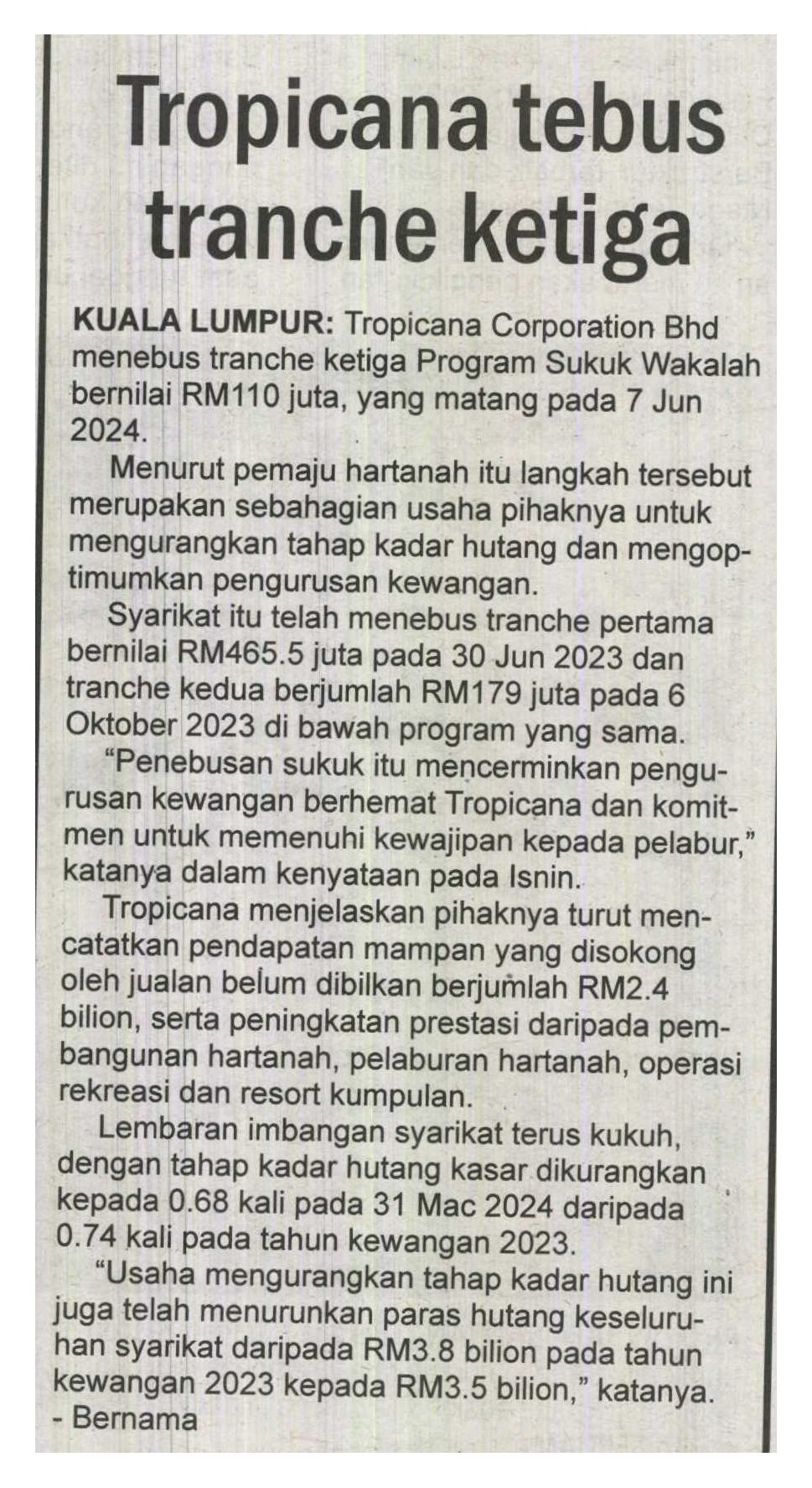 2024-06-17 Utusan Sarawak - Tropicana tebus tranche ketiga