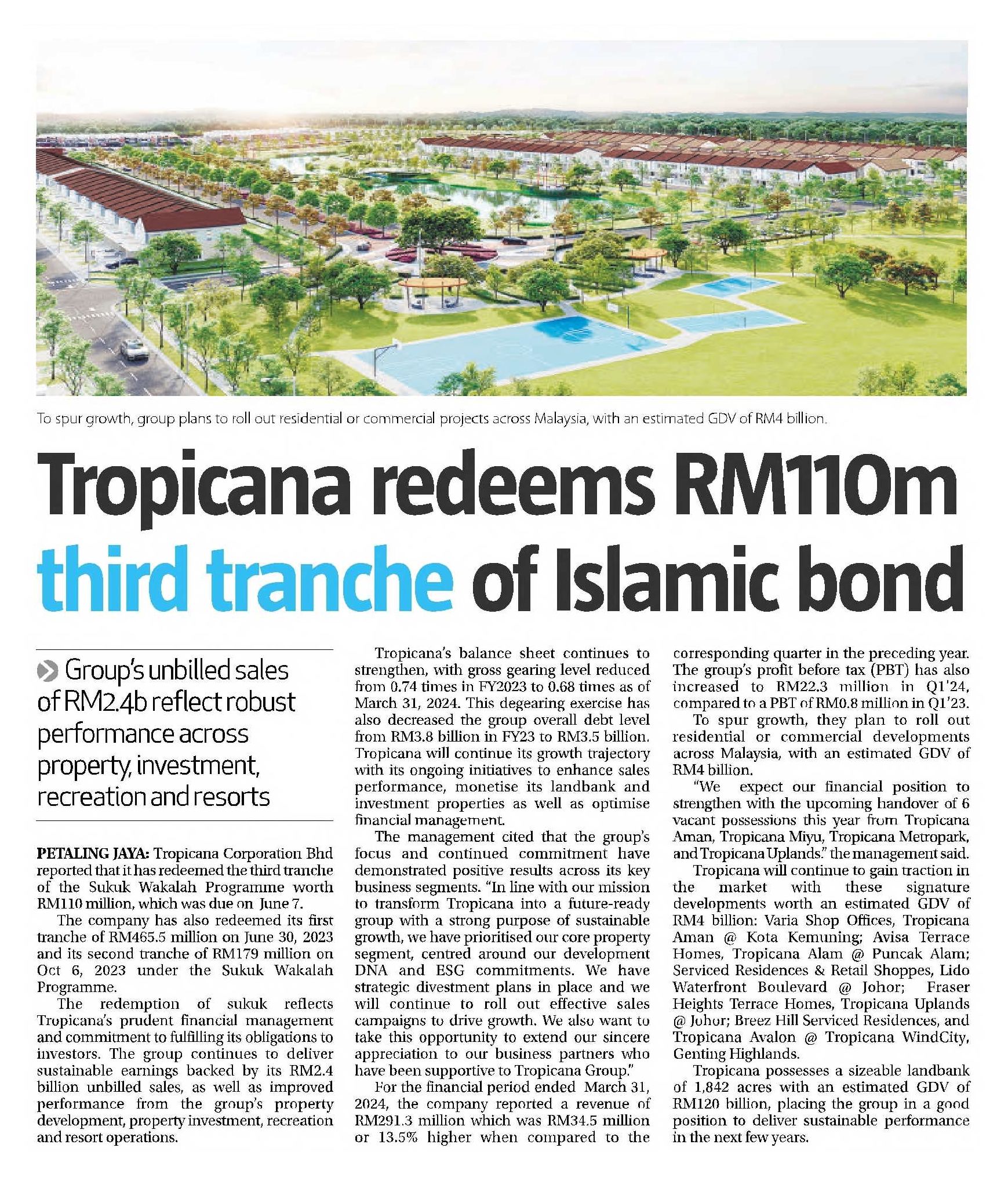 2024-06-20 The Sun - Tropicana redeems RM110m third tranche of Islamic bond