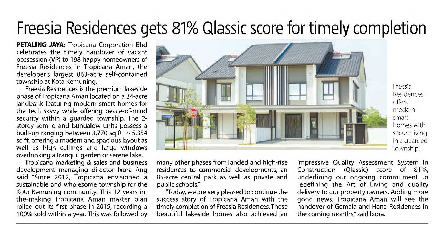 2024-07-18 The Sun - Freesia Residences gets 81% Qlassic score for timely completion