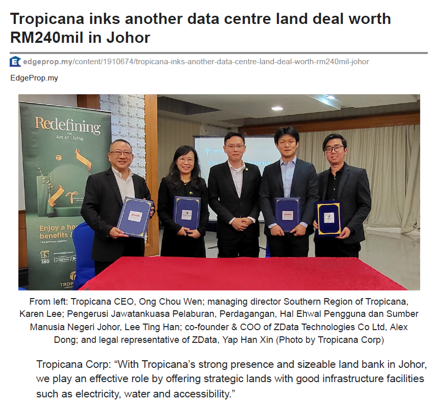 2024-10-09 EdgeProp Online - Tropicana inks another data centre land deal worthRM240mil in Johor