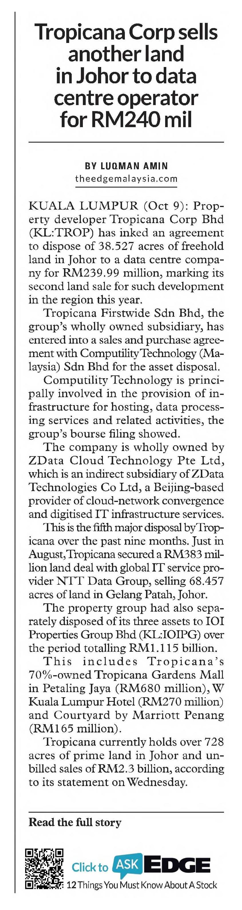 2024-10-10 The Edge CEO Morning Brief - Tropicana Corp sells another land in Johor to data centre operator for RM240 mil