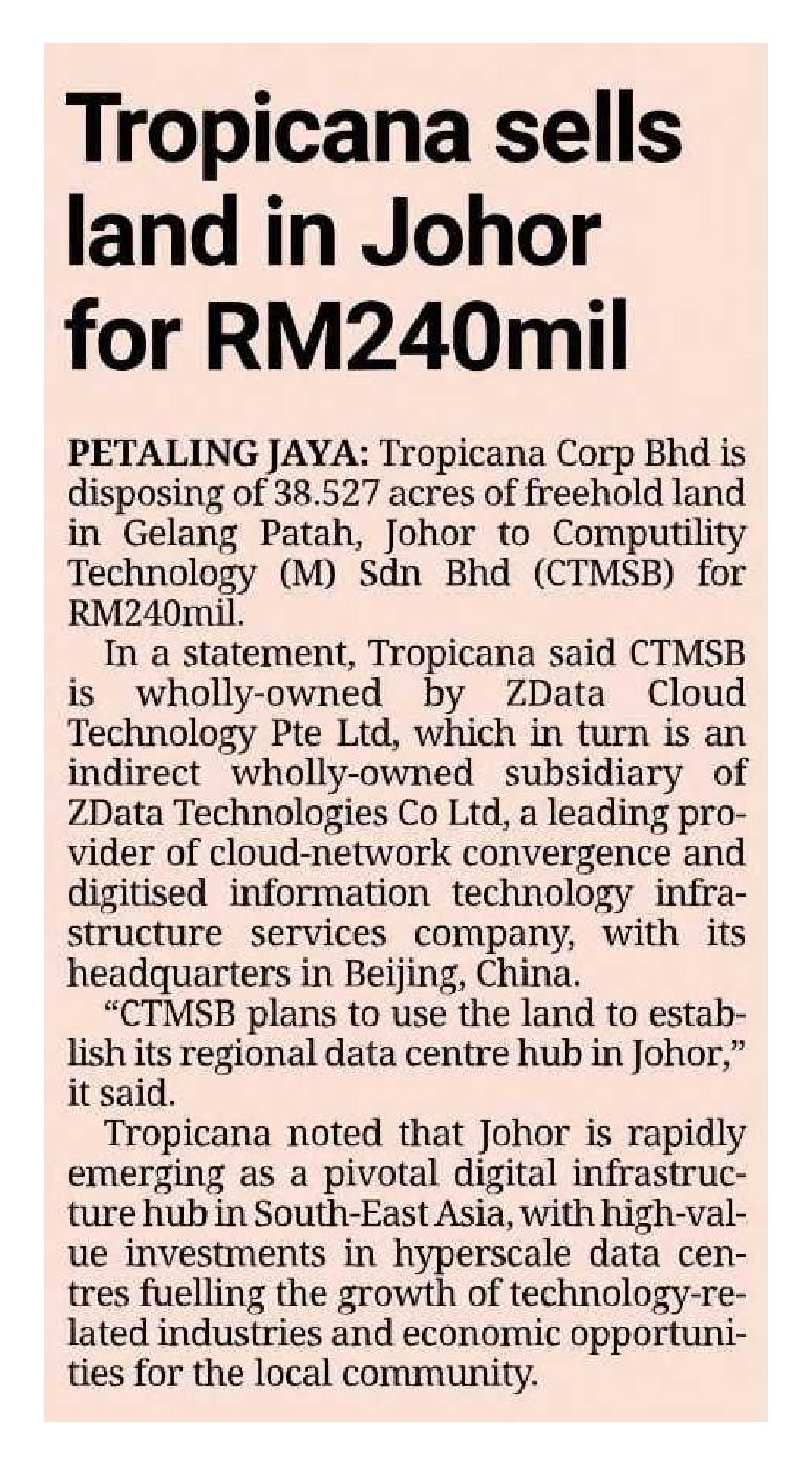 2024-10-10 The Star - Tropicana sells land in Johor for RM240mil