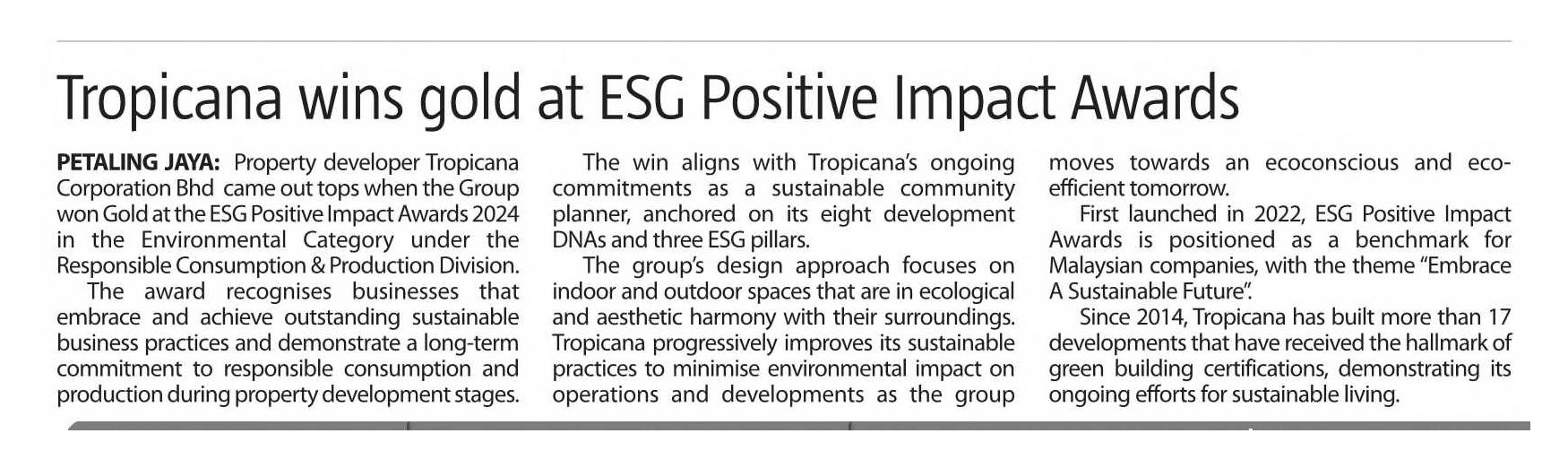 25-09-2024 The Sun - Tropicana Wins Gold at ESG Positive Impact Awards