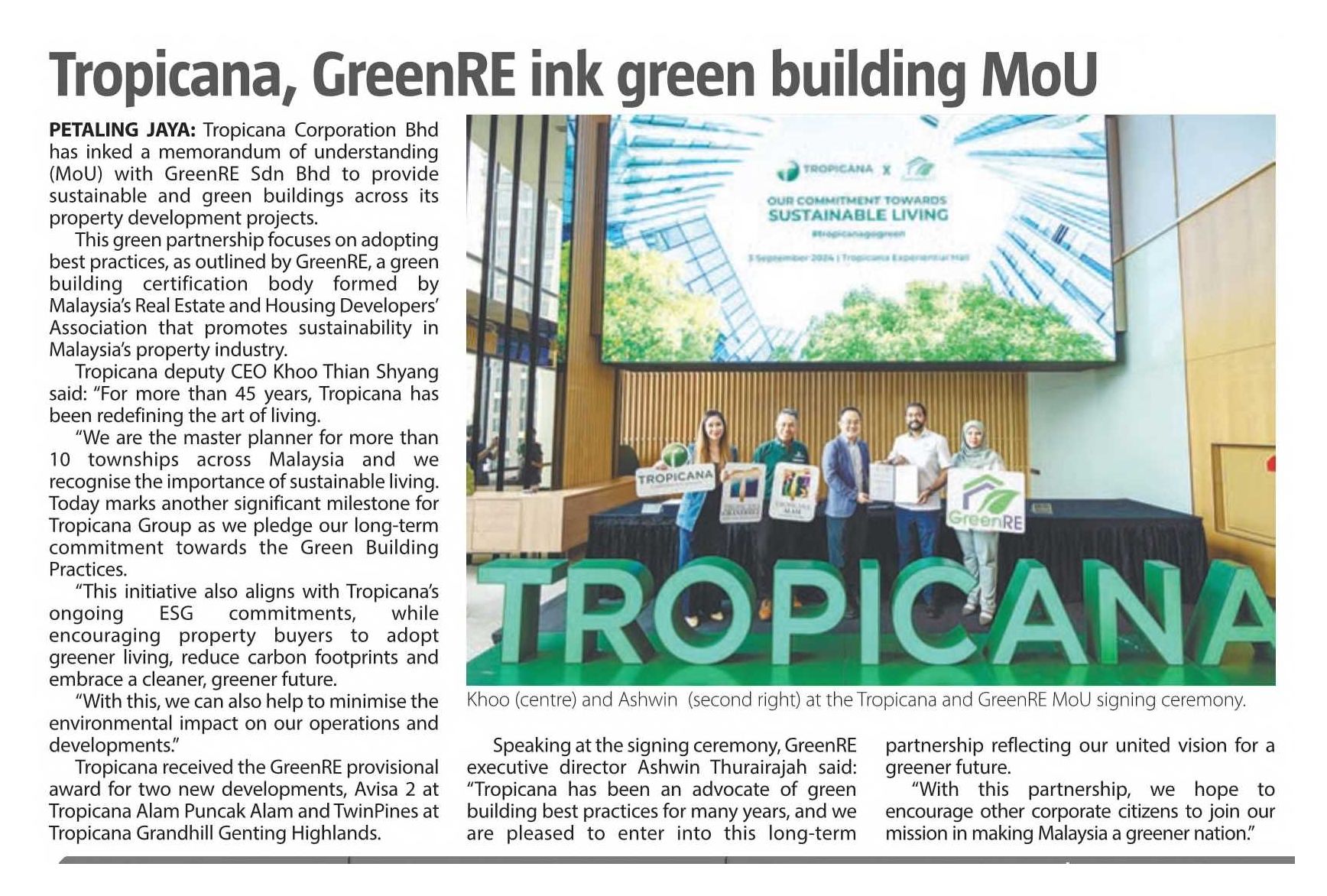 2024-09-18 The Sun - Tropicana, GreenRE ink Green Building MoU