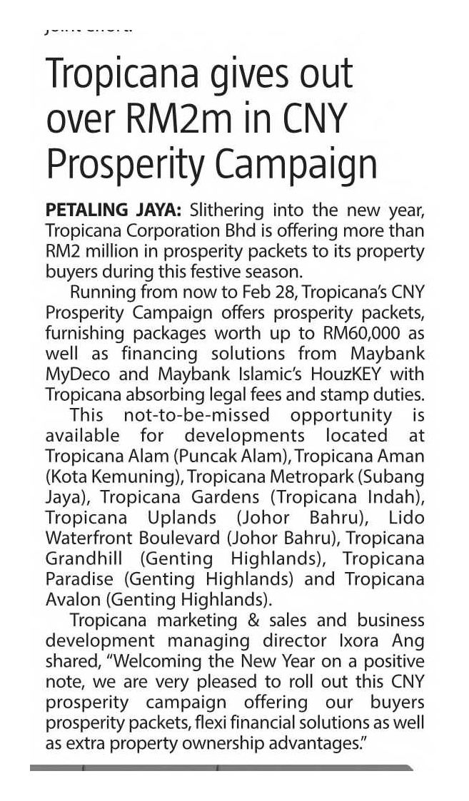 2025-02-20 The Sun - Tropicana gives out over RM2M in CNY Prosperity Campaign