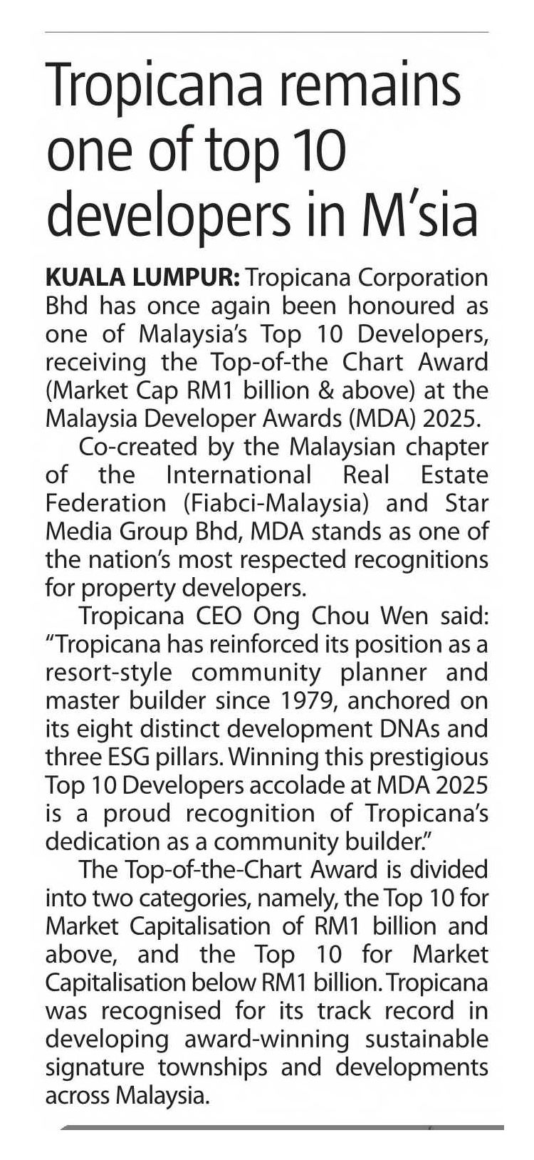 2025-11-13 The Sun - Tropicana remains one of top 10 developers in M'sia