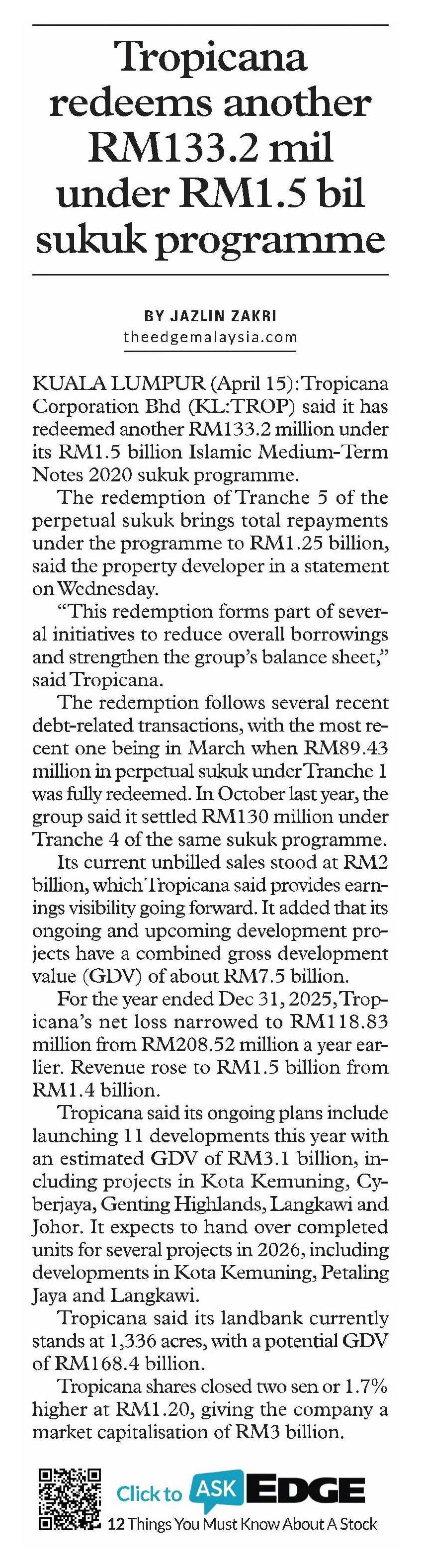 2026-04-16 The Edge CEO Morning Brief - Tropicana redeems another RM133.2 mil under RM1.5 bil sukuk programme