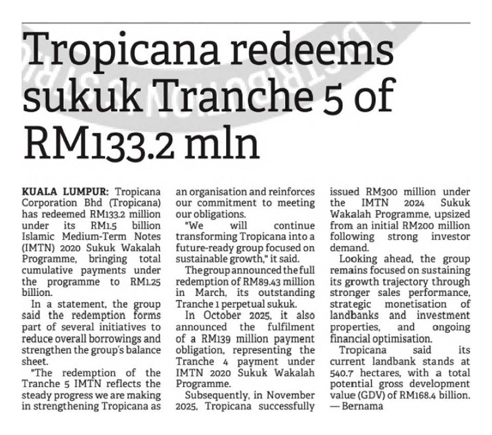 2026-04-18 The Borneo Post Sabah - Tropicana redeems sukuk Tranche 5 of RM133.2 mln