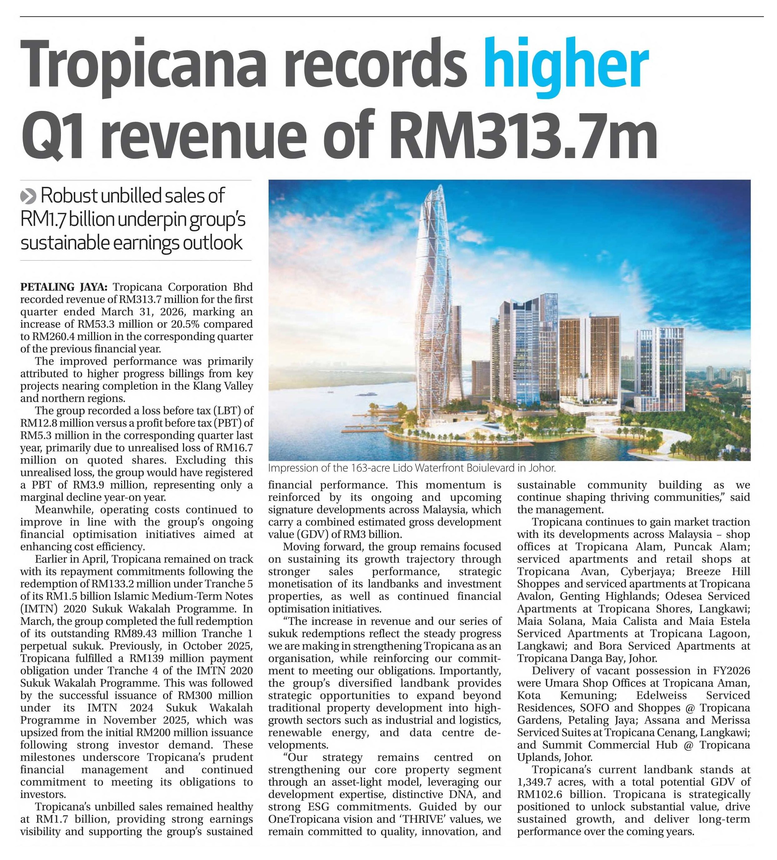 2026-06-01 The Sun - Tropicana records higher Q1 revenue of RM313.7m