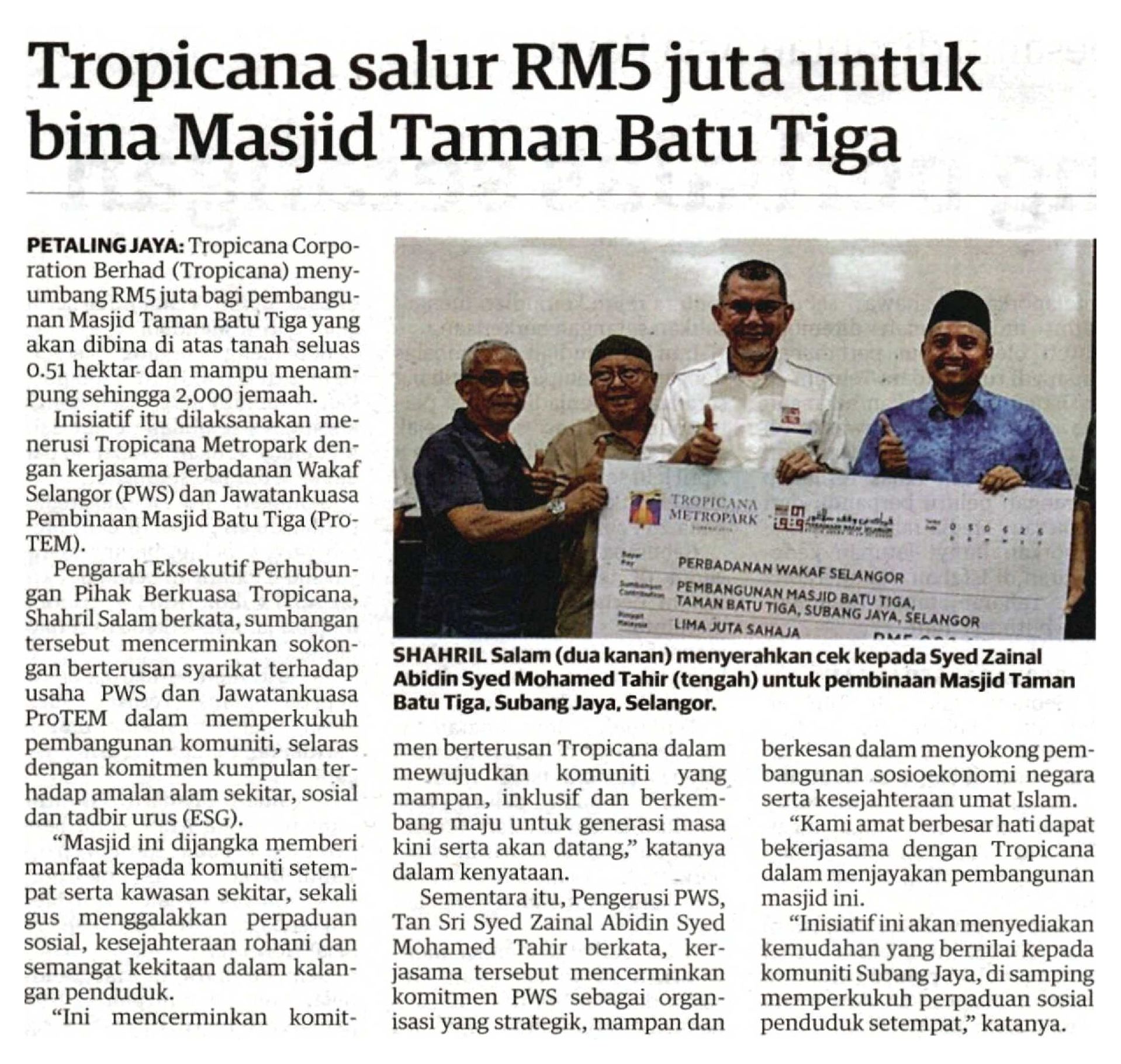 2026-06-09 Utusan Malaysia - Tropicana salur RM5 juta untuk bina Masjid Taman Batu Tiga